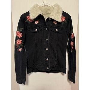 PacSun‎ Black Denim Sherpa-Lined Jacket w/ Floral Embroidery Women's XS